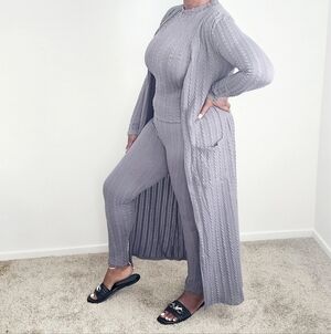 Ellie & Kate Women's Grey Knit Duster Round-Neck Cami, & Traveler's Knit Pants